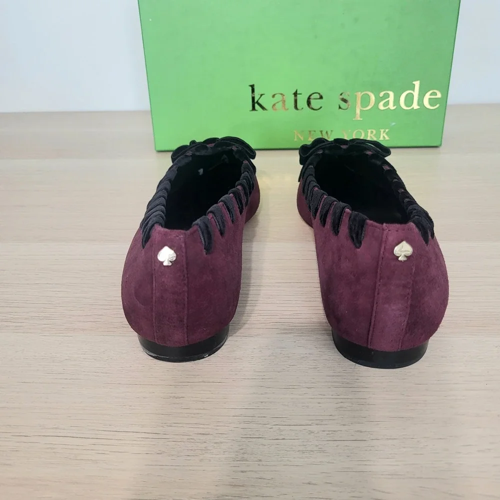 Kate Spade Kalani Suede Flats Cherry Burgundy Red Purple Black Bow Point Shoes 8
